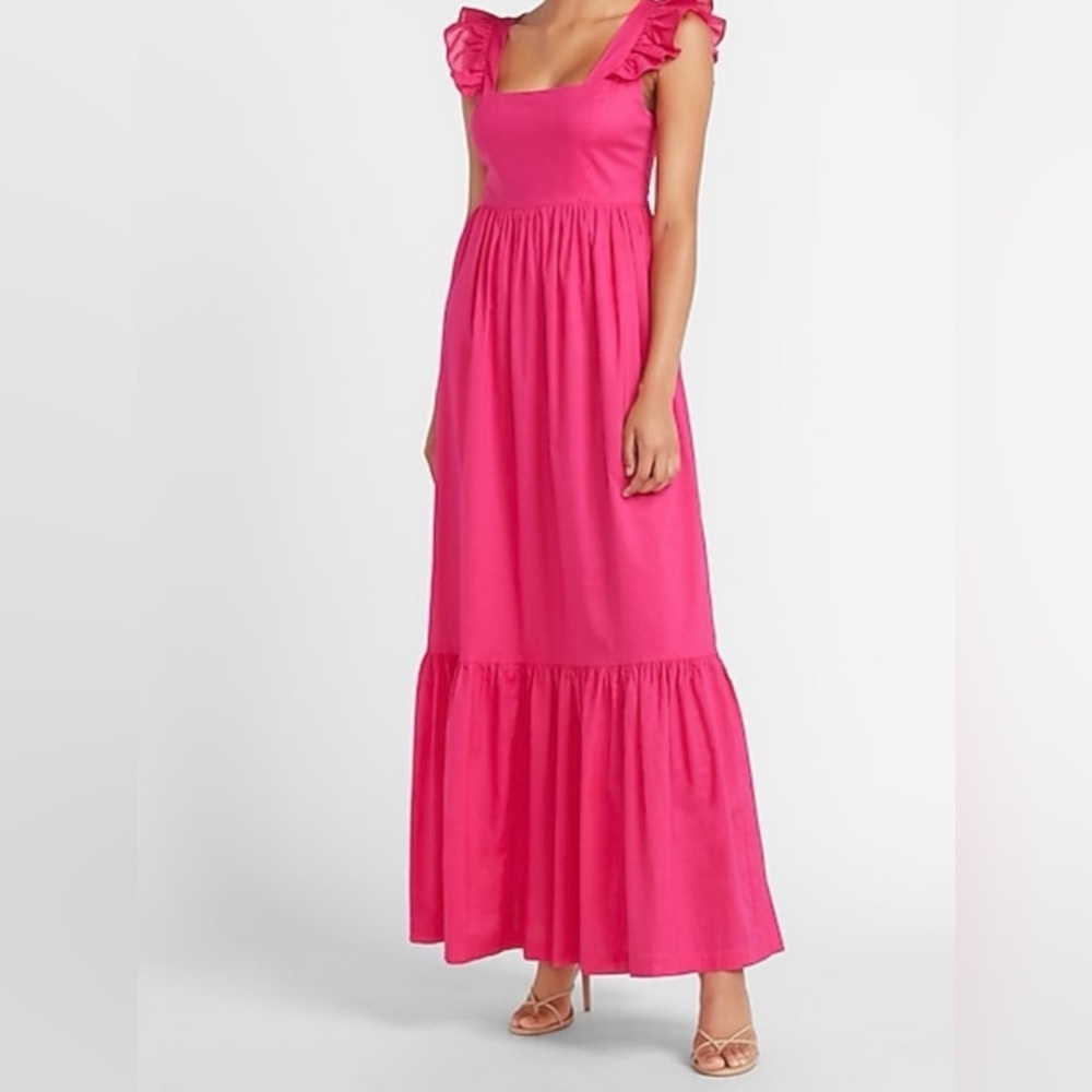 EXPRESS Fuchsia Maxi Dress Ruffle Shoulder Sleeveless Pink Dress | X-Small | NWT